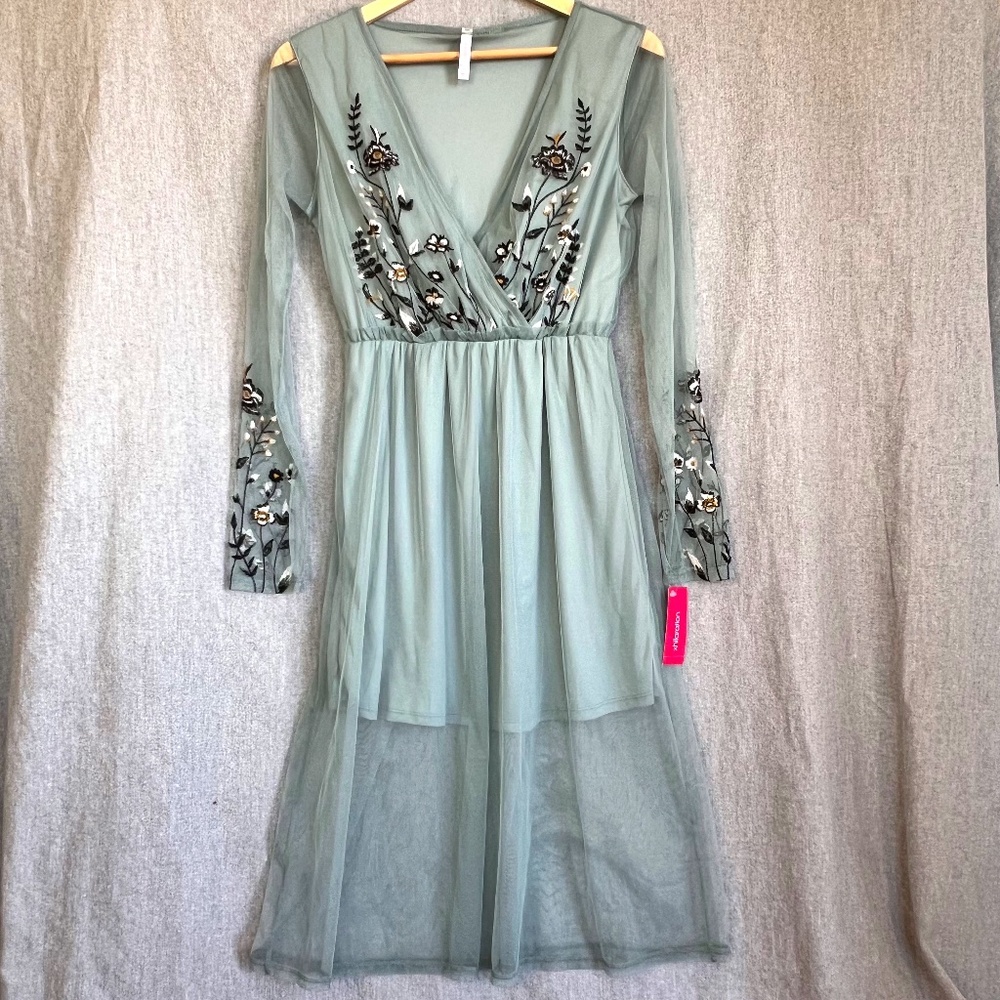 NWT Xhilaration Crossover Floral Embroidered Lined Sheer Midi Dress S Misty Sage